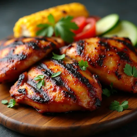 Create a high-quality photograph of grilled chicken, showcasing its delicious, smoky flavors. The image should feature a close-up view of the grilled chicken, highlighting its charred, crispy skin and juicy interior. Arrange the chicken pieces attractively...