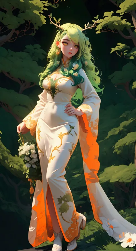 envision a 8k, highres, cinematic, beautiful full body design sheet of a soft curvy kirin girl named ceres fauna with long green...