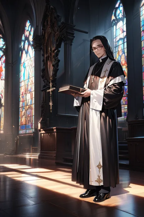 A young man, with piercing eyes looking into the camera, a perfectly sculpted body, (a priest, dressed in black, wearing glasses, holding a Bible, wearing a cross necklace, an evil smile), in a church, with dramatic shadows, rendered using ray tracing, a p...