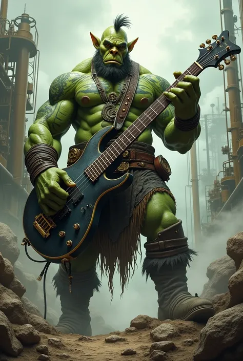 Create a green-skinned orc, heavy metal fan, 2 meters tall, muscular and fat at the same time in a steam punk world