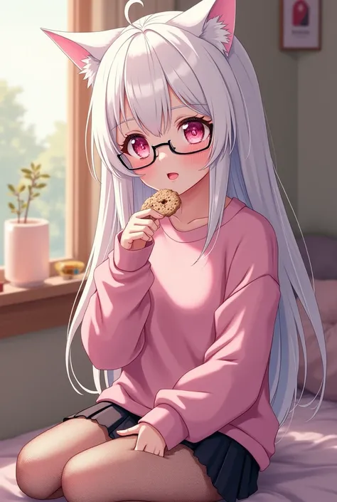 that she has a shy face that she has white hair, cat ears, black glasses, pink eyes, a super blushed pink sweatshirt, a low skirt, black shorts, black mesh stockings that she is a super reserved girl sitting eating cookies