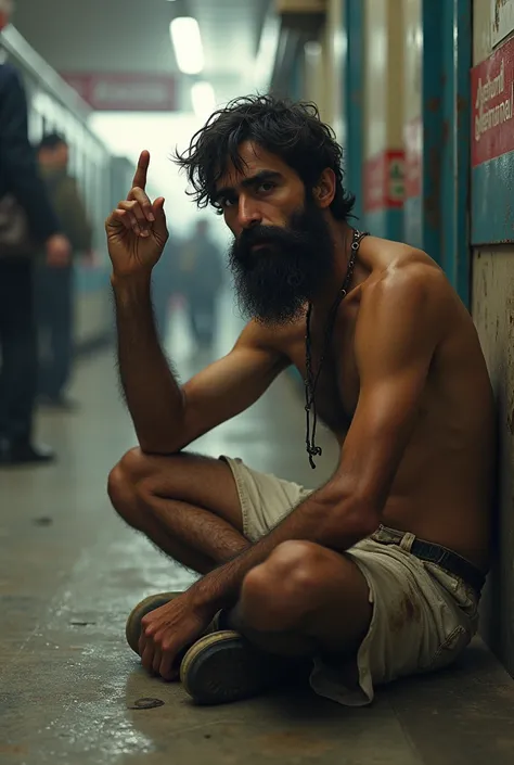 Young Iranian man, age 25, Scrawny, tabby, bearded and very hairy man in dirty, stained, dirty white shorts, sitting on the floor of a bus terminal, with his right hand raised asking a man for money.