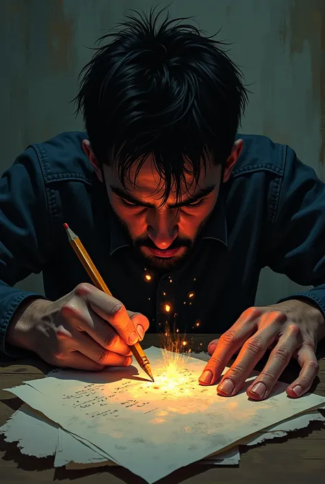 A person writing harder, rougher, the pencil catches fire, even angrier 