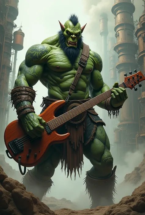 Create a green-skinned orc, heavy metal fan, 2 meters tall, muscular and fat at the same time in a steam punk world