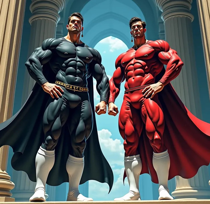 Two incredibly muscular men standing, next to each other, in a powerful and imposing pose. The man on the left is taller and slightly more muscular., He is clean shaven and wearing a black spandex suit that highlights his enormous physique., white thigh hi...