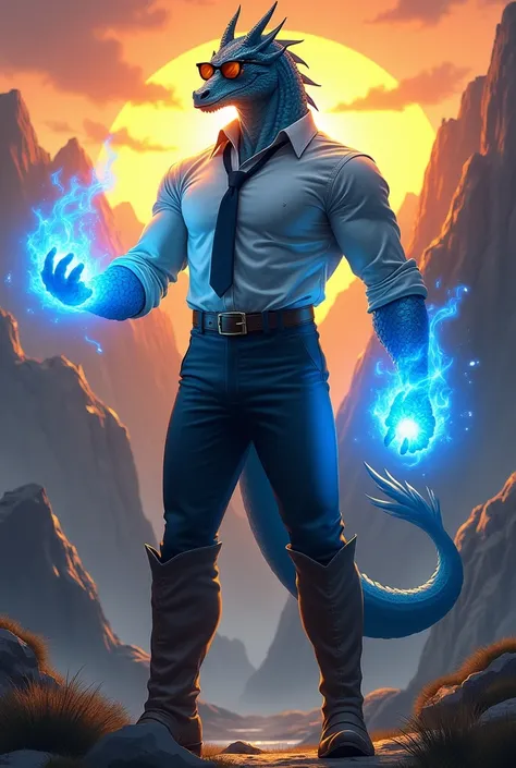 I would like a tall and muscular dragon man with blue scales, flaming yellow eyes, wearing sunglasses, a formal dress shirt with the sleeves rolled up, a tie, a tail,blue fire in his his firsts, pants, long boots. I would like a background of a sunset over...