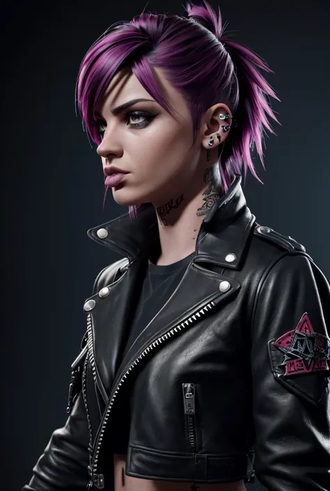 a punk girl, sticking tongue out, rebellious attitude, asymmetric hairstyle, nose piercing, tattoos, leather jacket, ripped jeans, boots, moody lighting, dramatic shadows, grungy background, cinematic composition, hyperrealistic, (best quality,4k,8k,highre...