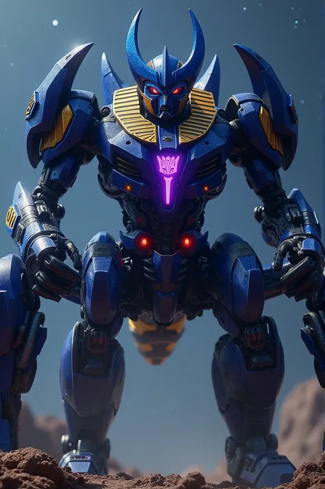 The decepticon Dark Nova has to be in the form of a scorpion with six dark blue legs with hands on the tip of each leg, two legs and a tail.. The head should have a blue Egyptian helmet with the white face of Megatron with fangs, red eyes and two antennas ...