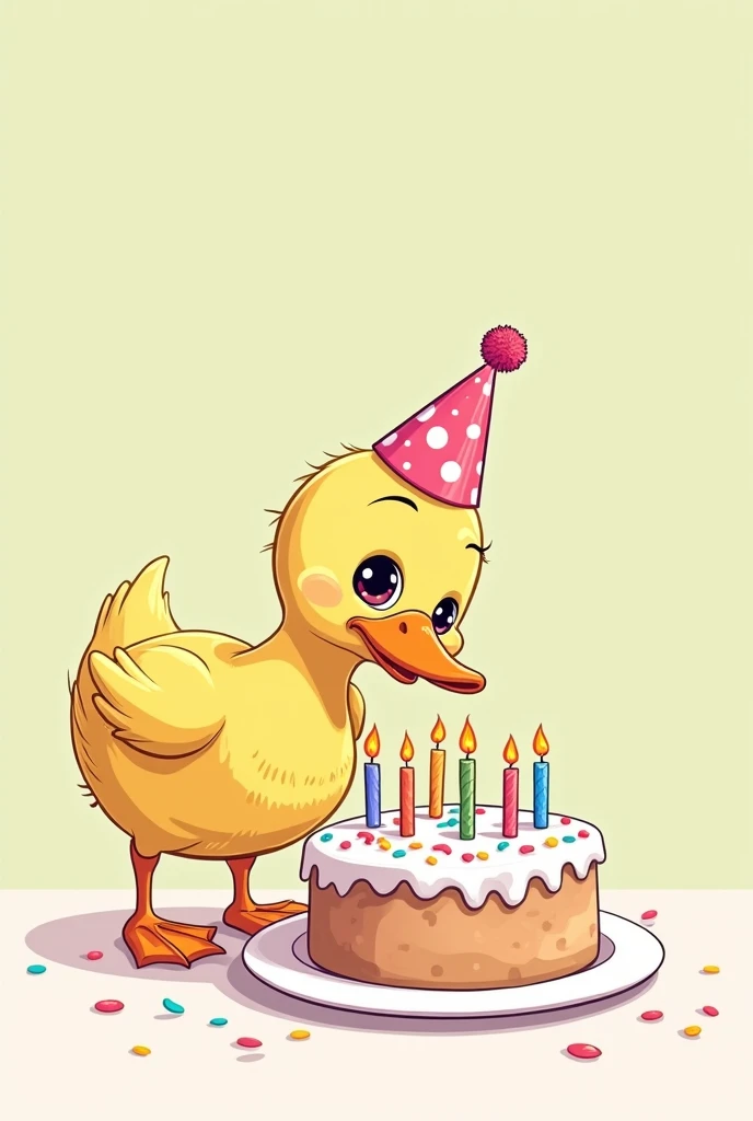 funny drawing of a duck blowing the candles of a birthday cake 