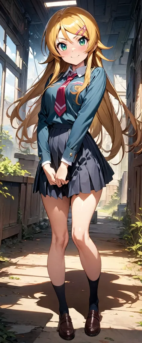 (masterpiece),(best quality),(ultra-detailed),(best illustration),(best shadow),(absurdres),(detailed background),(very aesthetic), kirino kousaka, blonde hair, long hair, hair clip, green eyes, bangs, schoolgirl uniform, looking at viewer, full body, smil...