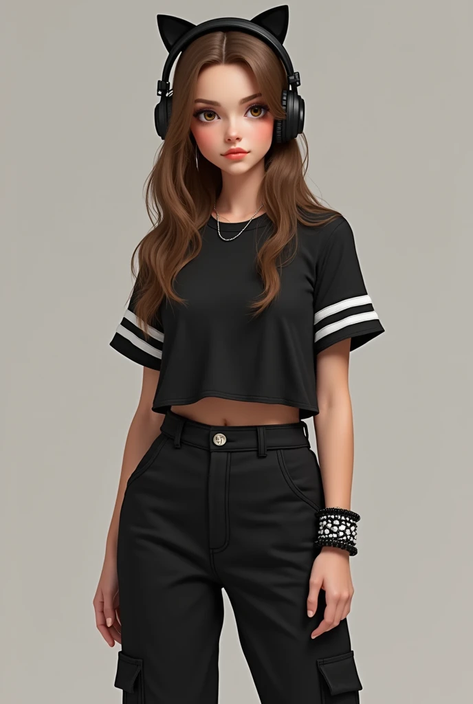 one , with light brown eyes. Straight and long hair, hair color is light brown, fleshy lips, rosy cheeks, black blouse with white striped sleeves, black cargo pants. White sneakers, black cat ear headphones. On her arm a black and white beaded bracelet wit...