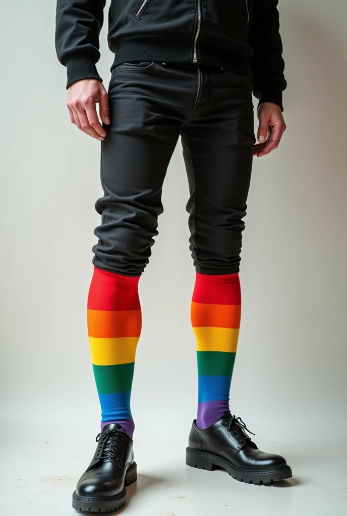 Create long socks that reach above the knee, that has lots of rainbow-colored stripes and is being worn by a man 