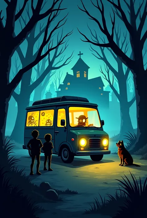 Create a comic book-style poster for a cartoon called Cryptic Cruiser. The image should feature a mysterious van with a bright, haunted design, parked in a misty, shadowy forest. Show the silhouettes of four characters so that their faces are obscured, add...