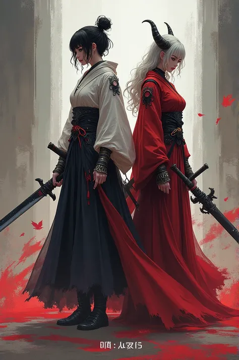 Create the image of a 1 swordswoman who is strong, feminine and samurai, she is white with short black hair and who carries a red Demonic carpet and a large sword along with other medieval weapons and a feminine ninja who is her sister with long hair and h...