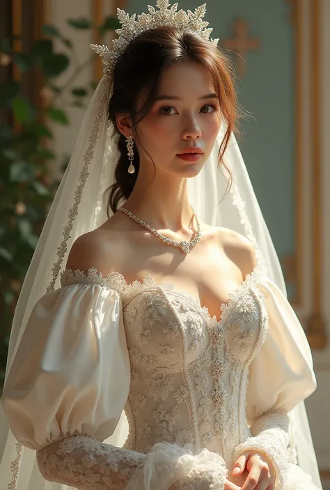 European woman model with hairstyle and veil wearing extremely luxurious romantic embroidered puff sleeve wedding dress.  