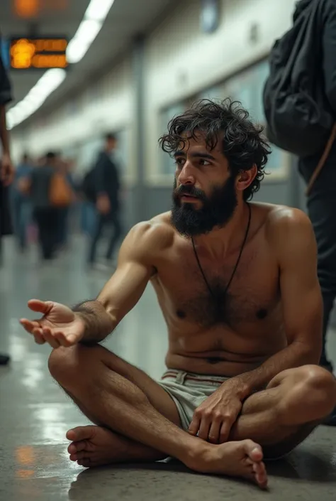 Young Iranian man, age 25, Scrawny, tabby, bearded and very hairy in white underwear dirty stained dingy, sitting on the floor of a bus terminal, with his right hand open asking for money from people passing through the terminal.