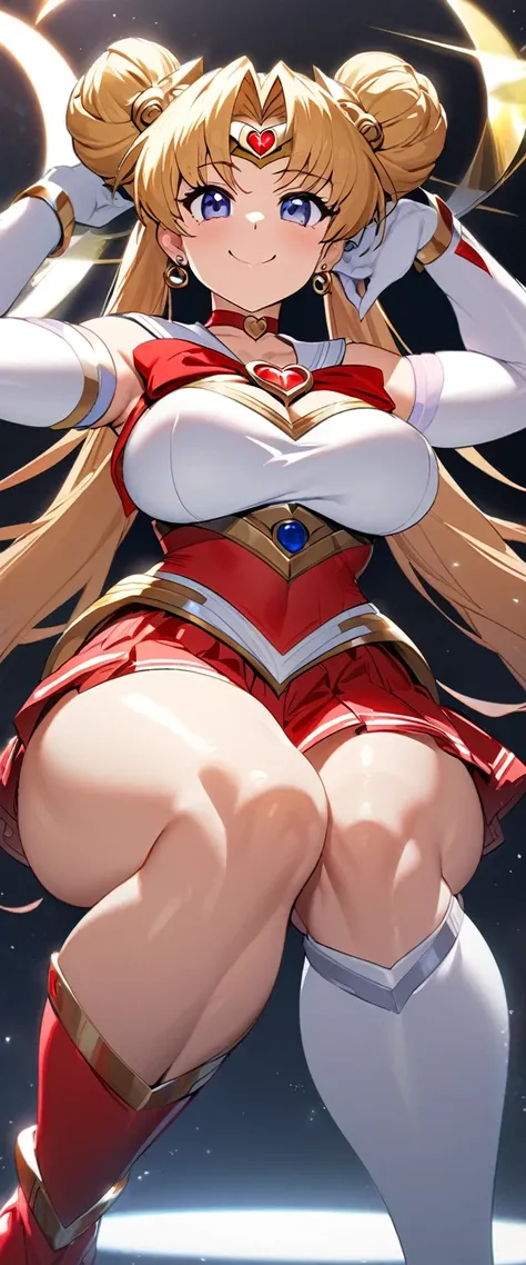 best quality, ultra-detailed, (1girl, solo, supersailormoon, double bun, twintails, circlet, jewelry, earrings, choker, red bow, white gloves, elbow gloves, miniskirt, thick arms, thick thighs,relaxed posture, elbows extended, standing, smile, knees ,,,),,...