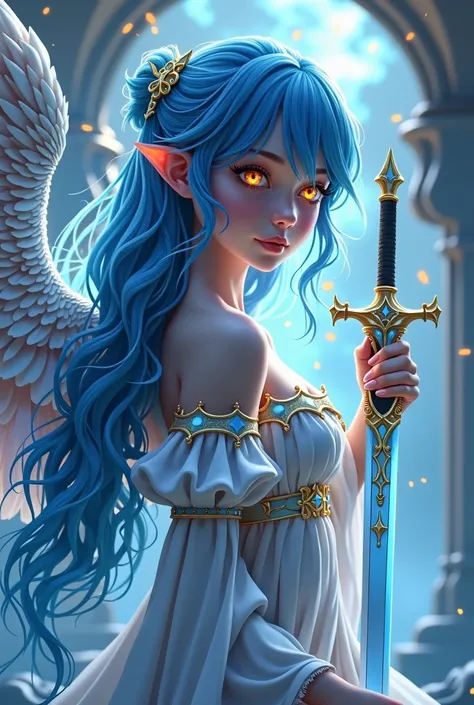 Girl with long blue hair ,eye color ,with wings and a sword 