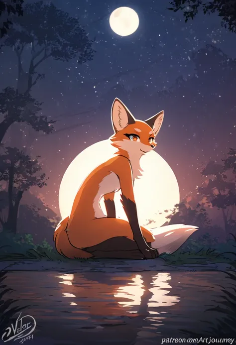 red fox, night, highres, unparalleled masterpiece, perfect artwork, absurdres, rzminjourney, vector-art, masterpiece)(kemono, furry anthro)logo mark, round,