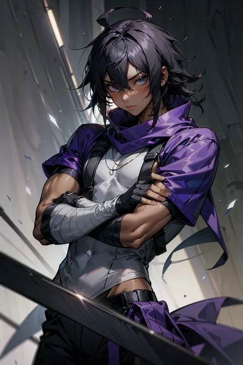 1male, Adult male, black eyes, black hair, medium length hair, darkskin, black bandages on arms, purple gloves, black and purple yukata, grey sweatshirt, Serious