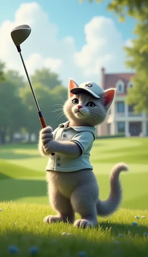 a grey cat wearing a golf clothe playing golf