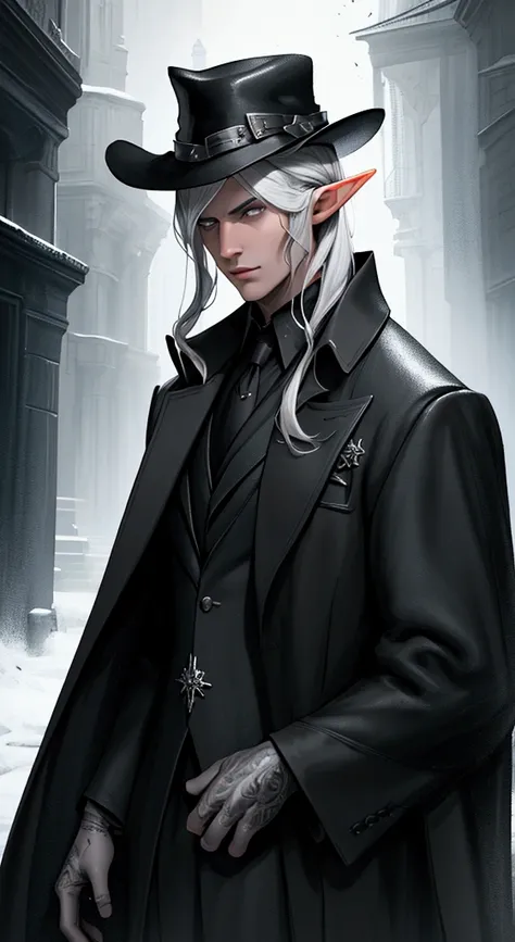 a handsome pale gray-skinned male half-elf with a beaulty black hair, dark eyes, wearing a black overcoat, black investigator clothes, black hat, highly detailed face, realistic, photorealistic, cinematic lighting, dramatic shadows, moody atmosphere, intri...