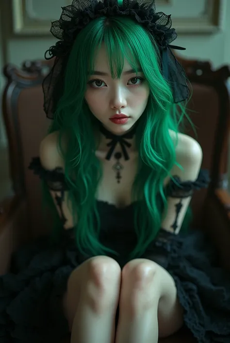 Green haired gothic asian girl sitting with her legs crossed