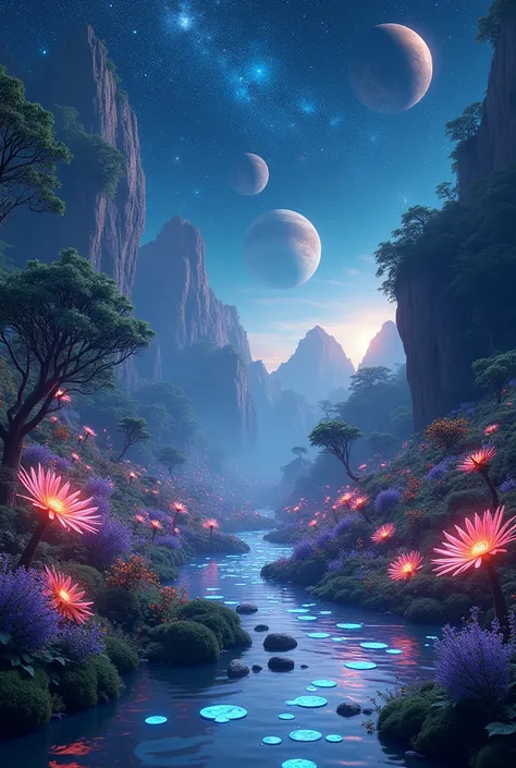 Amidst the infinite vastness of space, a lush, serene garden floats, suspended in mid-air. The celestial backdrop features swirling galaxies, twinkling stars, and terrestrial planets, set against a deep indigo sky. Exotic, glowing flora fills the garden, r...