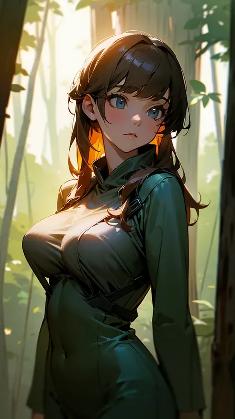 Girl in the forest, medium boobs, warm lighting