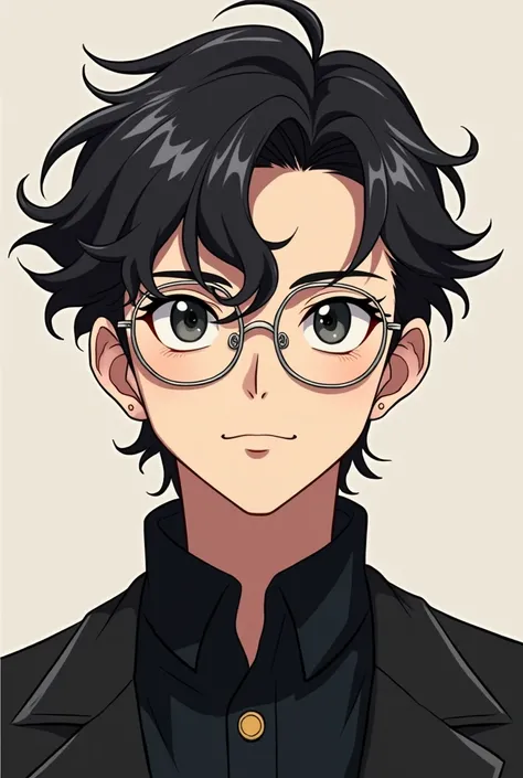 Anime handsome guy with circle glass and curly hair 