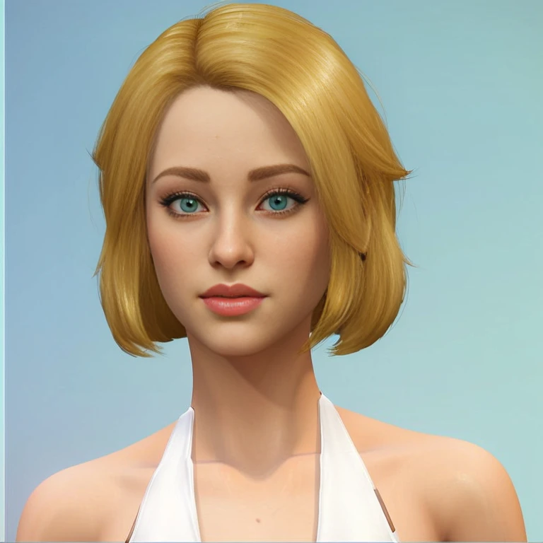 A close-up of a woman with blonde hair and green eyes, Avatar with blonde hair, She has blond hair, by the party, chin length hair, blonde hair green eyes, in-game image, medium yellow blonde hair, Sims 4 screenshot, The Sims 4, blonde hair and big eyes, f...