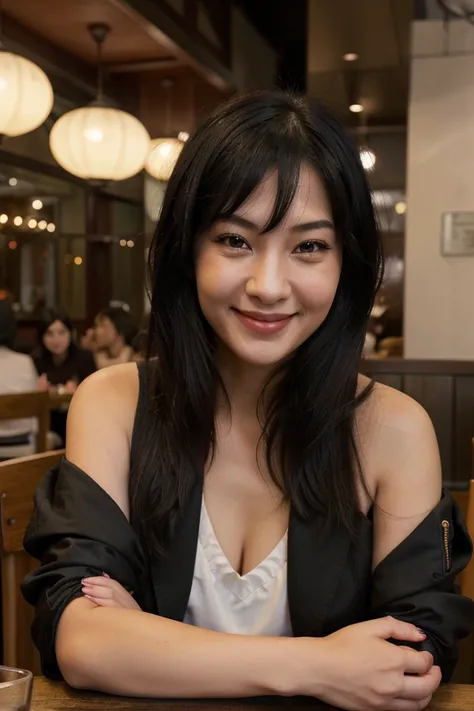 real photography, em close, of an oriental, Caucasian skin, black hair until the shoulders, Grinning, resting your chin on your hand, sitting at a restaurant table, wearing a women&#39;s jacket