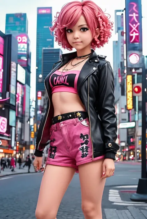 a girl with short curly pink hair, rebellious expression, shinjuku city background, punk fashion outfit, smirking