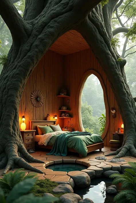 {cinematic scene, 4K ultra-realistic rendering with an inside-a-tree, fairy-tale-inspired style} A magical bedroom carved within the heart of an ancient tree, creating an enchanting, woodsy sanctuary. The rooms walls are formed by the natural curves of the...