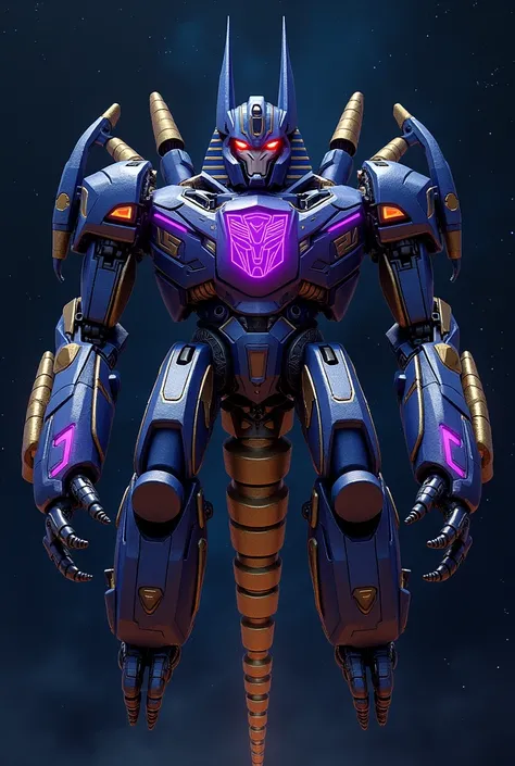 The decepticon Dark Nova has to be in the form of a scorpion with six dark blue legs with hands on the tip of each leg, two legs and a tail. The head should have a blue Egyptian helmet with the white face of Megatron with fangs, red eyes and two antennas o...