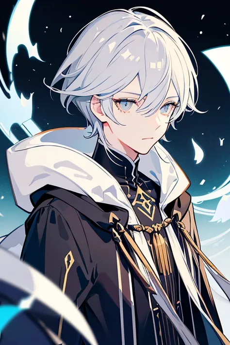 VTuber illustrations、High resolution、whole body,Gray Hair，Neutral Facial Features,cute,Clever boy,Bangs between the eyes, White eyes, Long eyelashes, Bright Eyes, Sparkling eyes, Glowing Eyes, fortune teller，Wearing the hood of a cloak，Black clothes，No bac...