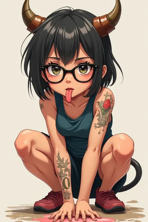 NSFW, elementary school student, squatting, glasses, armpits, pubic hair, tattoo, muscular, tongue, long tongue, sweat, breast milk, heat, ahegao, small breasts, squirting, tail, incontinence, horns, pee, cigarettes, defecation 