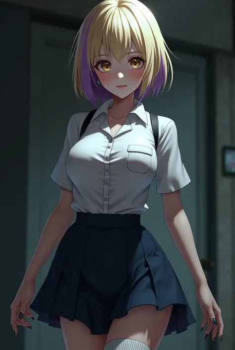 a blonde woman, a purple lock, short hair, somewhat pale skin, two piercings on both sides of her lower lip,light brown eyes, one white and one black sock, big breasts, high school uniform, Yandere Simulator game version