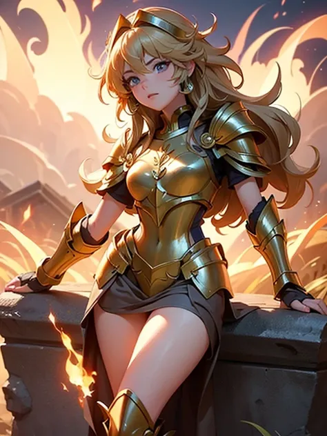 (Masterpiece), (Best Quality), (1 Girl), Girl in Golden Armor, Cool Pose, Battlefield Background, Fire Background, Saint Seiya Armor, Messy Hair, Broken Armor, Ragged Clothes