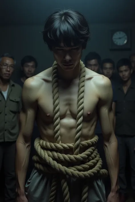 1boy、Handsome Men、Japanese male, 、Completely naked、Full nudity、erection、Huge penis、Slim body、Highest quality、Realistic、beautiful、Sad look、 ((((Completely tied up with rope)))), ((((A very tight rope is crisscrossed over the chest)))),(((Body bound with tig...