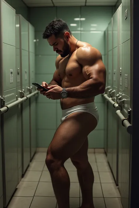 Big muscular Puerto Rican man in bulging white underwear, standing,?inside a public bathroom looking at the cell phone.