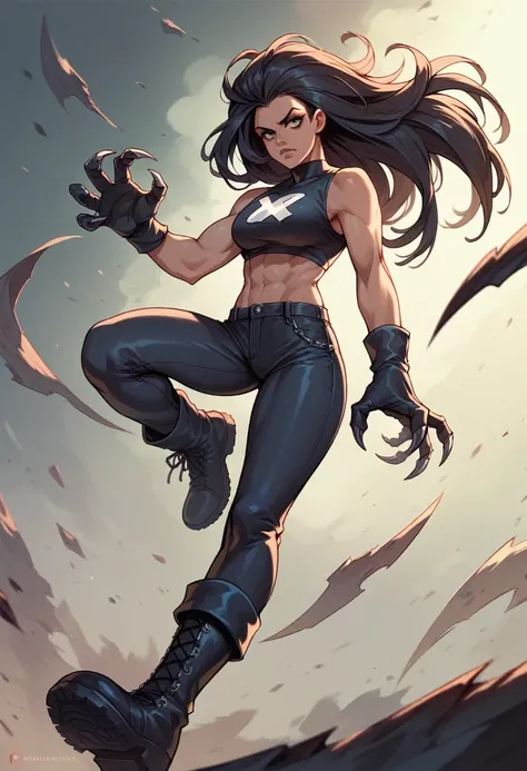 1girl, x-men, long black hair, black crop top, black pants, 2 straight metal claws, black boots