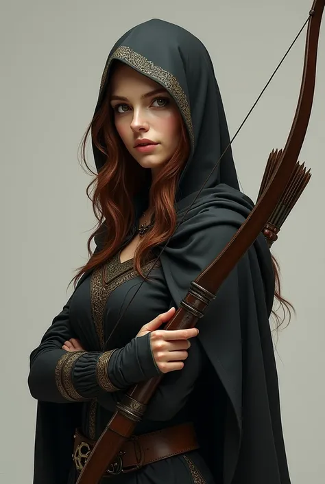 Draw a female half-elf with black eyes, Caucasian skin, black iris, little elf ears, chestnut hair, wearing a black cloak with gold details and a built-in hood holding a crossbow in his hands and a quiver on his back with a handful of arrows.