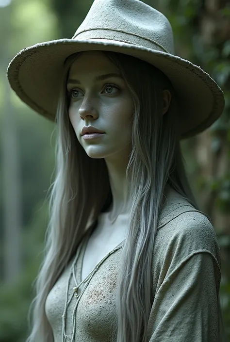  Sexy girl with long straight hair and a hat turned into stone