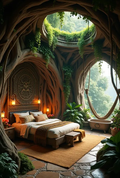 {cinematic scene, 4K ultra-realistic rendering with a flower-powered, jungle-tropical, supernatural style} A breathtaking bedroom carved into a massive, ancient tree, deep within a lush, enchanted jungle. The walls are formed from the living wood of the tr...