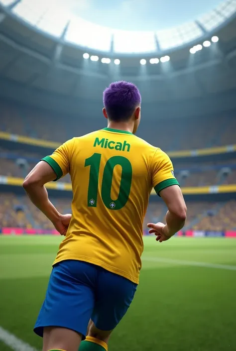 create an image of an adult man, short purple hair, with the Brazil shirt with the name "Micah" number 10 from the back running through the stadium (ultra realistic) (from the back)