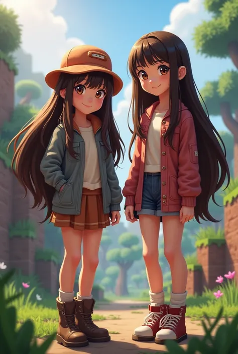 YouTube channel cover with the Minecraft theme where there are skins of two different girls, one taller and the other short, brunettes with long hair, brown eyes and matching clothes 