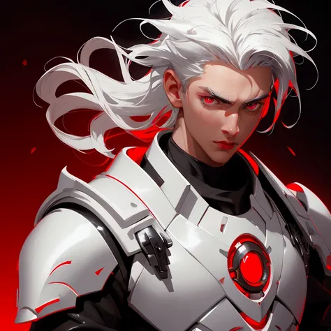 envision a 8k, highres, cinematic close up portrait of a boy with sleek skinny body, clean shaved, with short wavy white hair, and red eyes wearing a white and black leather armor against a dark gray background