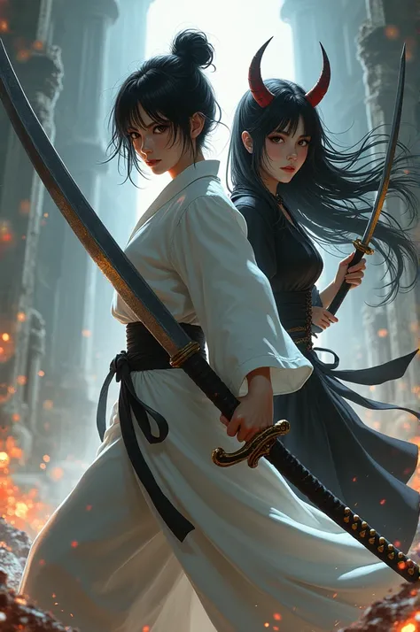 Create the image of a 1 swordswoman who is strong female and white samurai with short black hair and who carries a Demonic carpet and a large sword and a female ninja who is her sister with long hair and horn but very beautiful anime style knife 