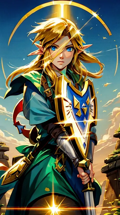 Photorealistic Link from Ocarina of time, alone, poster, 4k final perfect, golden evening sun, hylian shield